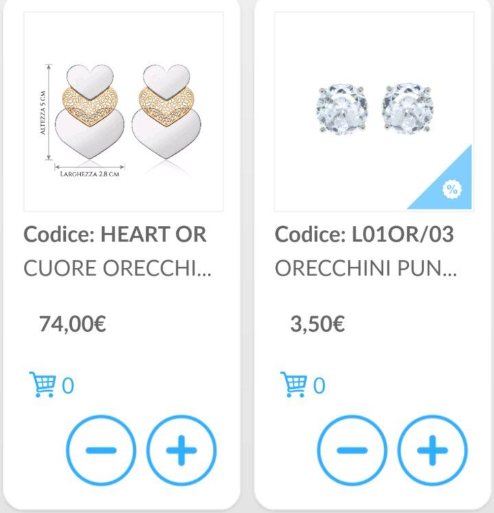 Anteprima della categoria Orecchini nell'app Gestionale Ideale con comandi di acquisto